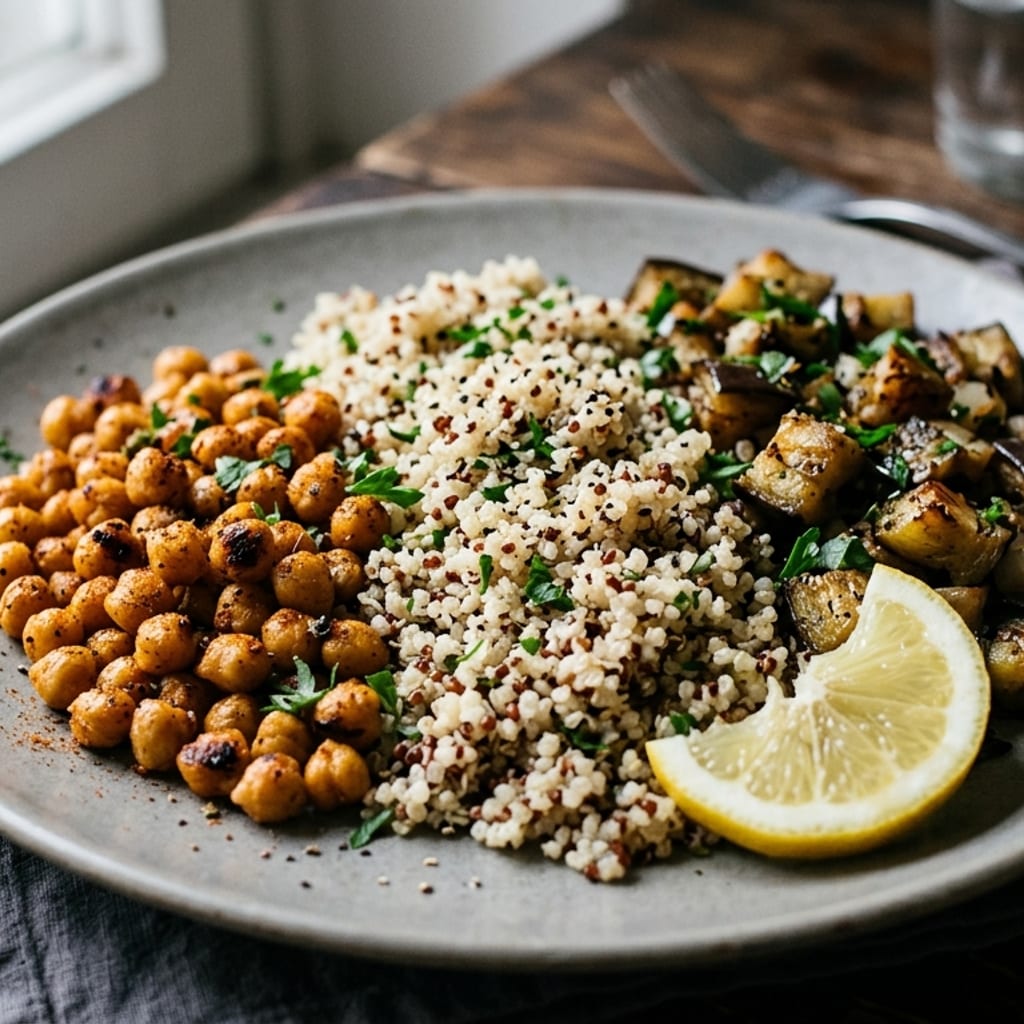 Serpenyős csicseriborsó – quinoa, padlizsán