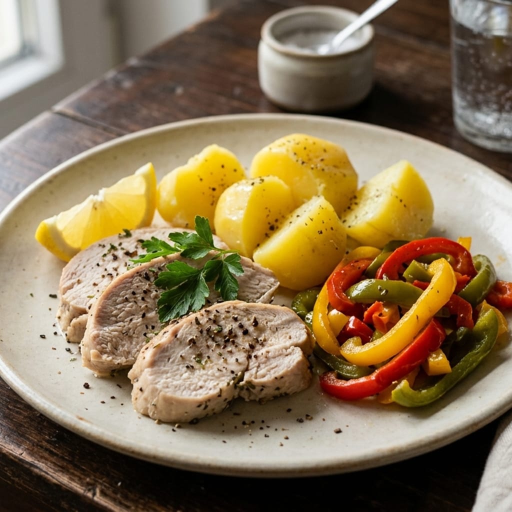 Párolt pulykamell – főtt burgonya, kaliforniai paprika
