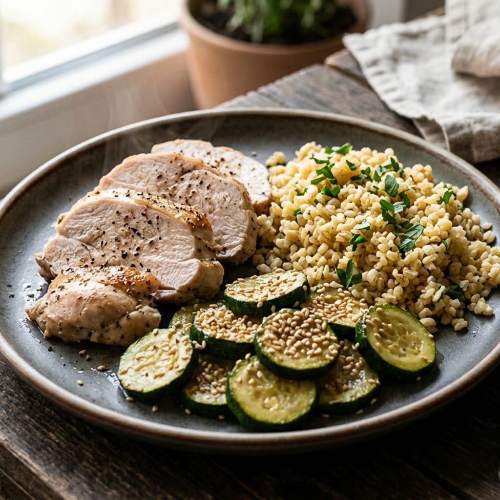 Párolt pulykamell – bulgur, cukkini