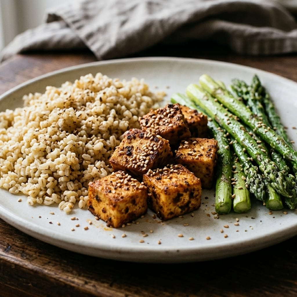 Fűszeres tofu – bulgur, zöld spárga